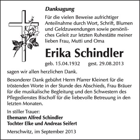 Traueranzeigen Von Erika Schindler Abschied Nehmen De