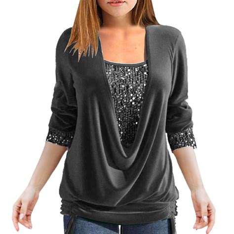 Plus Size Tops For Women Square Neck Long Sleeve Sequins Patchwork