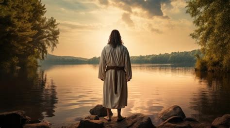 Jesús caminando hacia una canoa en el lago Foto Premium