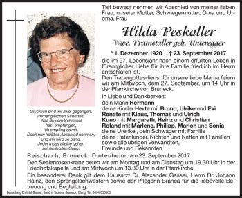 Traueranzeigen Von Hilda Peskoller Trauer Bz