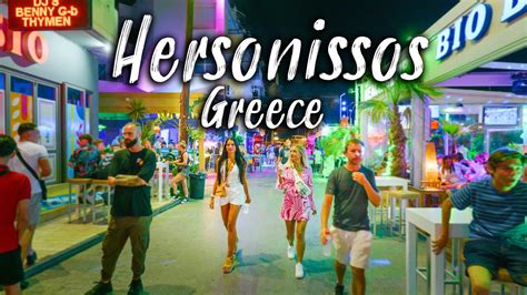 Nightlife of Hersonissos, Chersonissos Kreta July, walking tour 4k ...