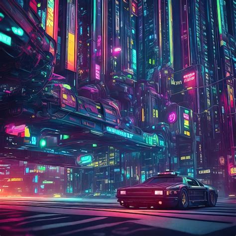 Um Carro Passa Por Uma Cidade Uma Placa De Neon Que Diz Cyberpunk