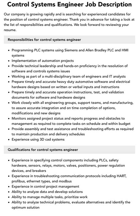 Control Systems Engineer Job Description Velvet Jobs