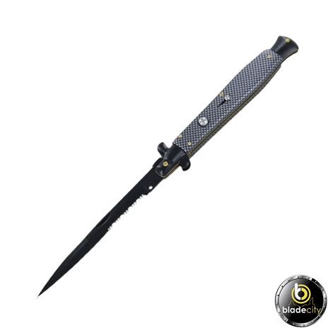 13 Inch Automatic Serrated Stiletto Carbon Fiber Blade City