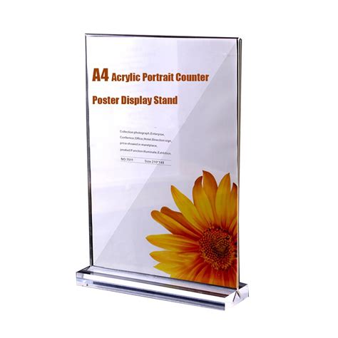 A4 Acrylic Portrait Counter Poster Display Stand T Shaped Double Sided