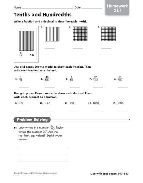 Tenths And Hundredths Homework 21 1 Worksheet For 4th 5th Grade Lesson Planet