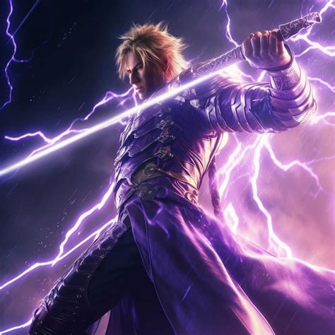 Premium Photo | A man in a purple robe holding a sword and a lightning bolt.