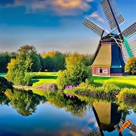 Vibrant Abstract Painting Of A Dutch Windmill And Lush Garden On Craiyon