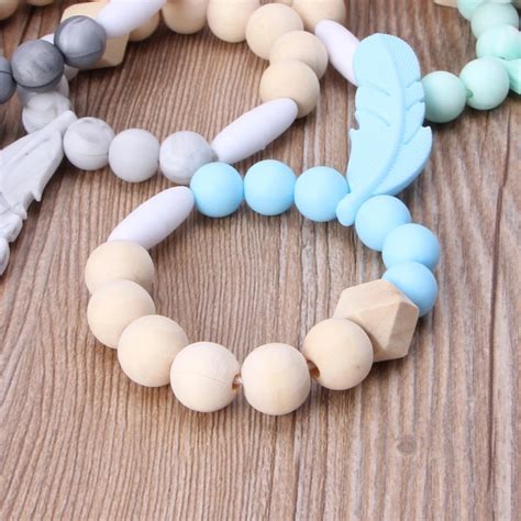 Infant Teether Bracelet Baby Feather Wood Silicone Teether Rings