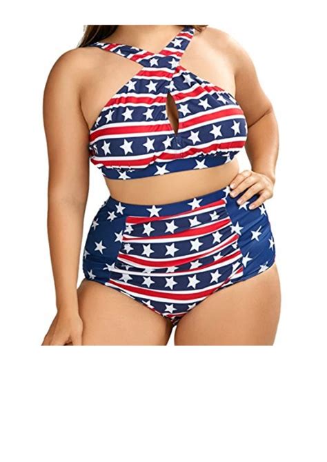 Women Plus Size American Flag High Waist Bikini Set Sexy Cross Front