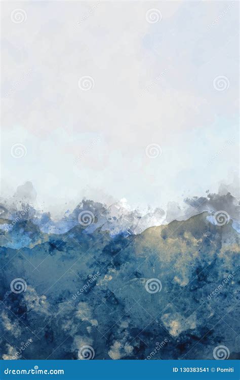 Abstract Mountain Peaks Watercolor Painting in Blue, Digital Ill Stock Illustration ...