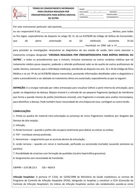 PDF TERMO DE CONSENTIMENTO INFORMADO PARA CIRURGIA parâmetro o