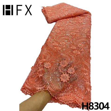 Hfx Latest Sequin Beaded Embroidery African Lace Fabric High