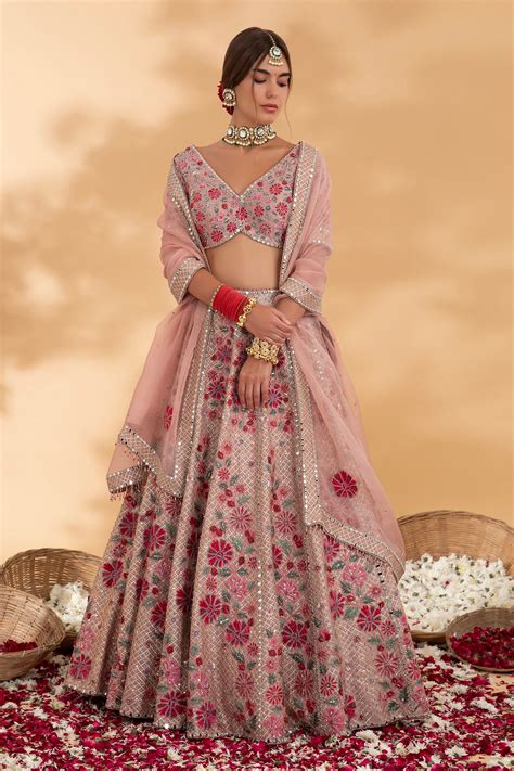 Buy Pink Raw Silk Embroidery Floral V Neck Darpan Lehenga Set For Women