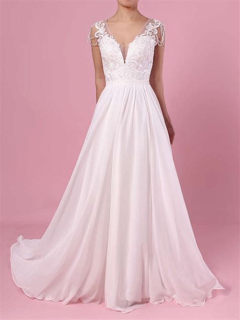 A Line V Neck Chiffon Sweep Train Wedding Dresses With Beading