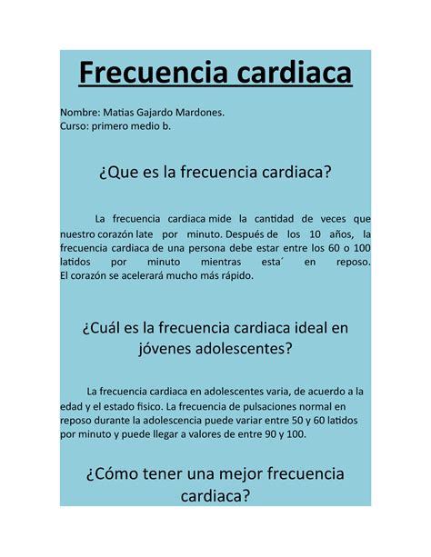 Frecuencia Cardiaca Frecuencia Cardiaca Nombre Matias Gajardo Mardones Curso Primero Medio