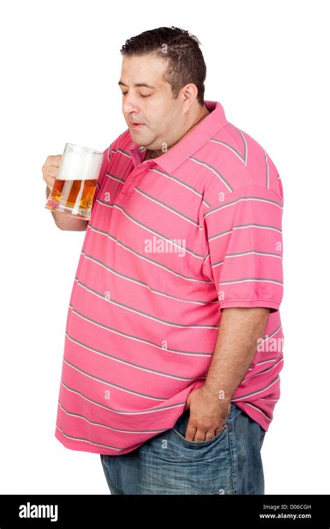 Fat Man Drinking A Jar Of Beer Isolated On White Background Stock Photo