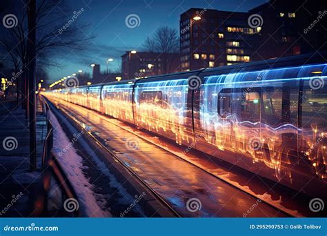 A Train Traveling Down The Tracks At Night Stock Illustration Illustration Of Electric Train