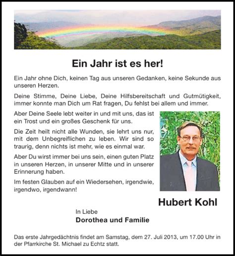 Traueranzeigen Von Ist Es Her Hubert Kohl Aachen Gedenkt