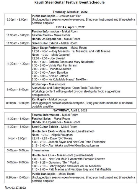 2022 Event Schedule Kauai Steel Guitar Festival