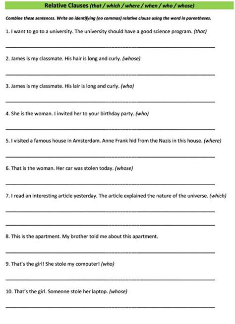 ESL Grammar Identifying Relative Clauses Worksheets Library