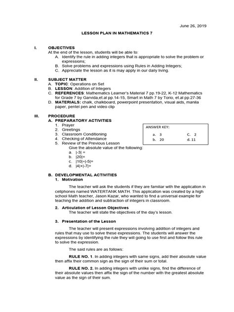 Lesson Plan In Math 7 Download Free Pdf Mathematics Lesson Plan