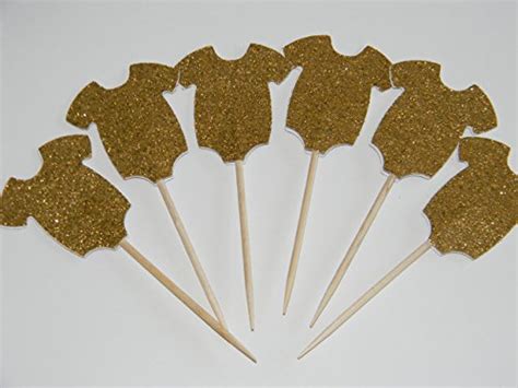 24 Gold Glitter Onesie Cupcake Toppers Food Picks Baby Shower Decor