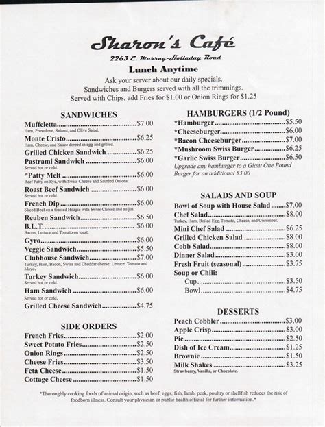 Sharons Cafe Menu