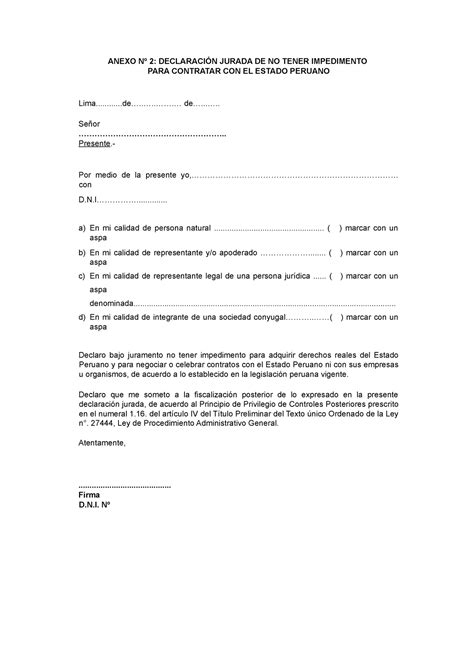 Formato 2 Modelo De Declaracion Jurada De No Tener Impedimento De