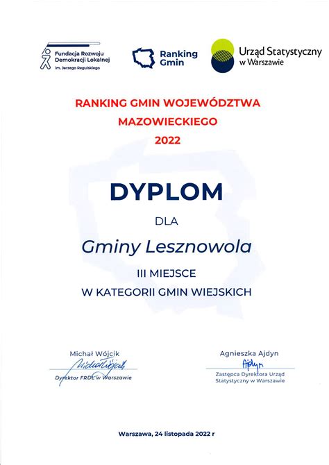 Ranking Gmin Wojew Dztwa Mazowieckiego Dyplomy Gmina Lesznowola