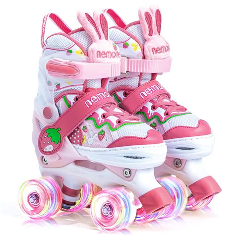 NEMONE Bunny Strawberry 4 Size Adjustable Roller Skates for Girls with 8 Light up Wheels, Pink ...