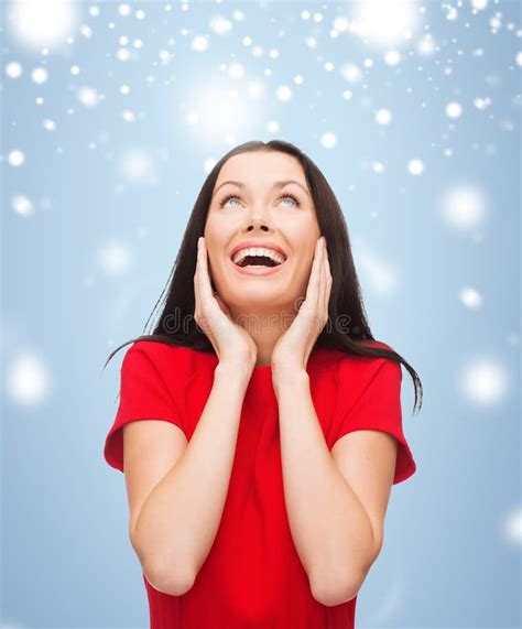 Amazed Laughing Young Woman In Red Dress Stock Image Image Of Hands