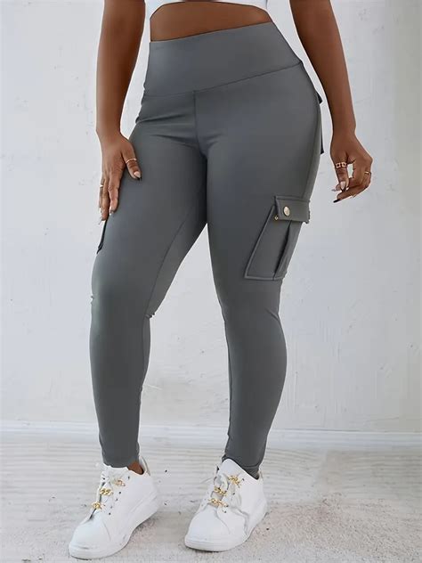 Solid Color High Waist Leggings Casual Flap Pockets Slim Temu Australia