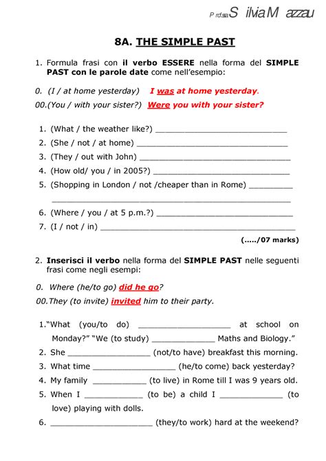 Esercizi Di Inglese 8A THE SIMPLE PAST Formula Frasi Con Il Verbo