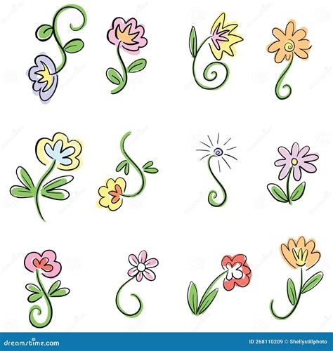 Floral Line Art Flowers And Leaves Doodle Illustrations In Vector Stock