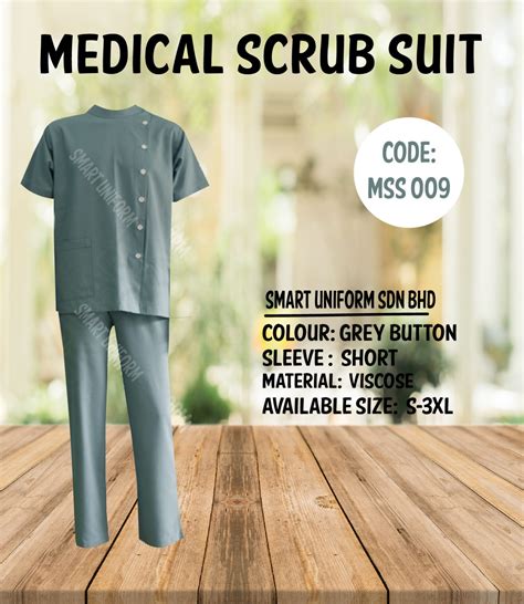 Mss 009 Ready Stock Medical Scrub Suit With Button Grey Smart Uniform Malaysia