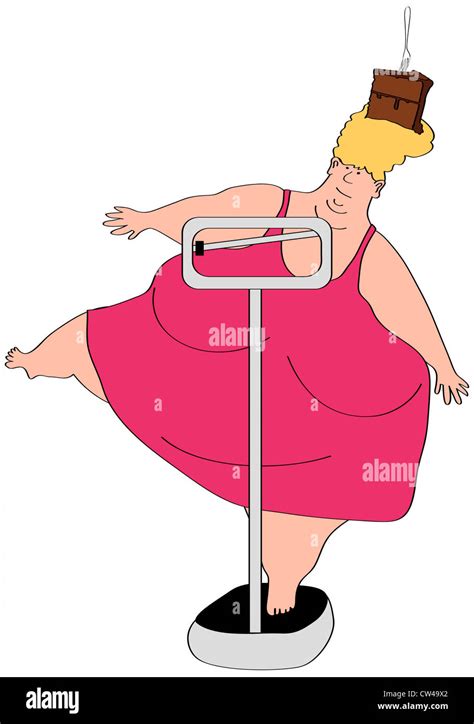 Overweight Woman Standing On Weight Scale On One Leg Illustration