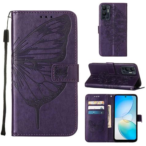 For Infinix Hot X Embossed Butterfly Flip Leather Phone Case Dark Purple Alexnld
