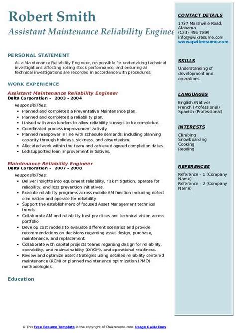 Maintenance Reliability Engineer Resume Samples QwikResume