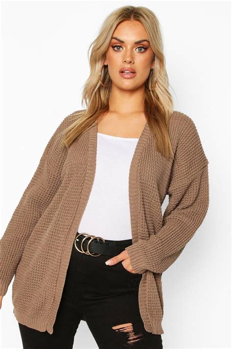 Womens Plus Edge To Edge Waffle Knit Cardigan Beige 12 Knit