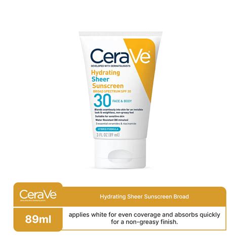 Cerave Hydrating Sheer Sunscreen Broad Spectrum Spf 30 For Face And Bo