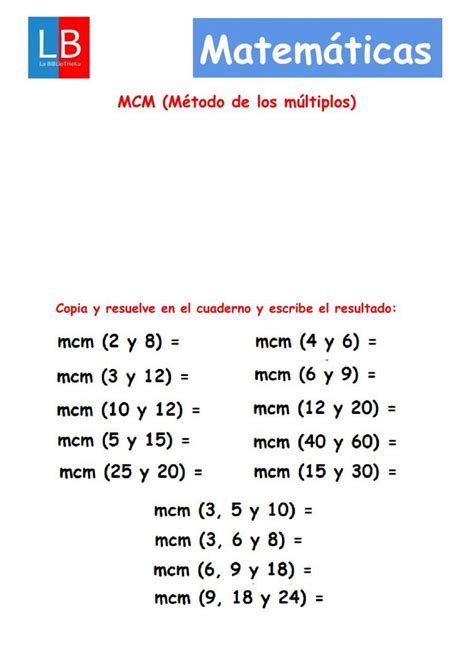 Ejercicio De Mcm M Nimo N M Ltiplo Por El M Todo De Los M Ltiplos