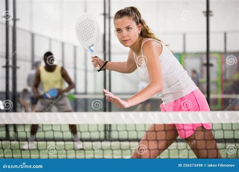 Young Beautiful Woman With Racket Playing Padel Stock Photo Image Of