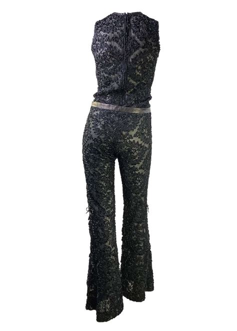 F W 1999 Gucci By Tom Ford Black Sheer Lace And Leather Tank Top Flare