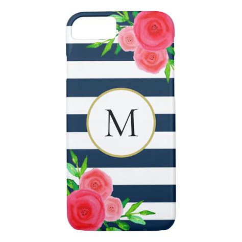 Navy Blue White Striped Watercolor Floral Monogram Case Mate Iphone