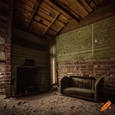 Detailed Abandoned Foggy Attic With A Brick Fireplace And Tall Windows