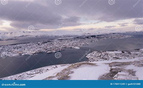 Panoramic View Of The Snow Covered City Of Tromso Norway Stock Image