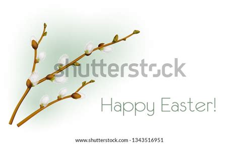 Realistic Pussy Willow Branch Easter Greetings Stock Vector Royalty