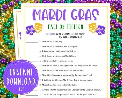 Mardi Gras Fact Or Fiction Trivia Game Fat Tuesday Party Games Carnival