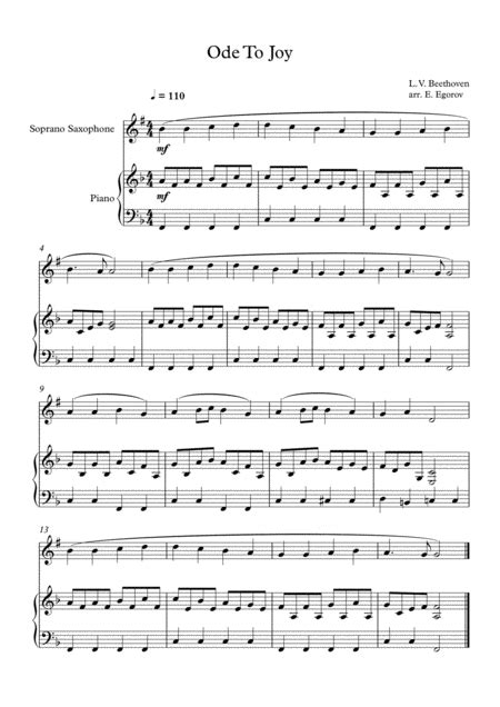 Ode To Joy Ludwig Van Beethoven For Soprano Saxophone Piano Arr